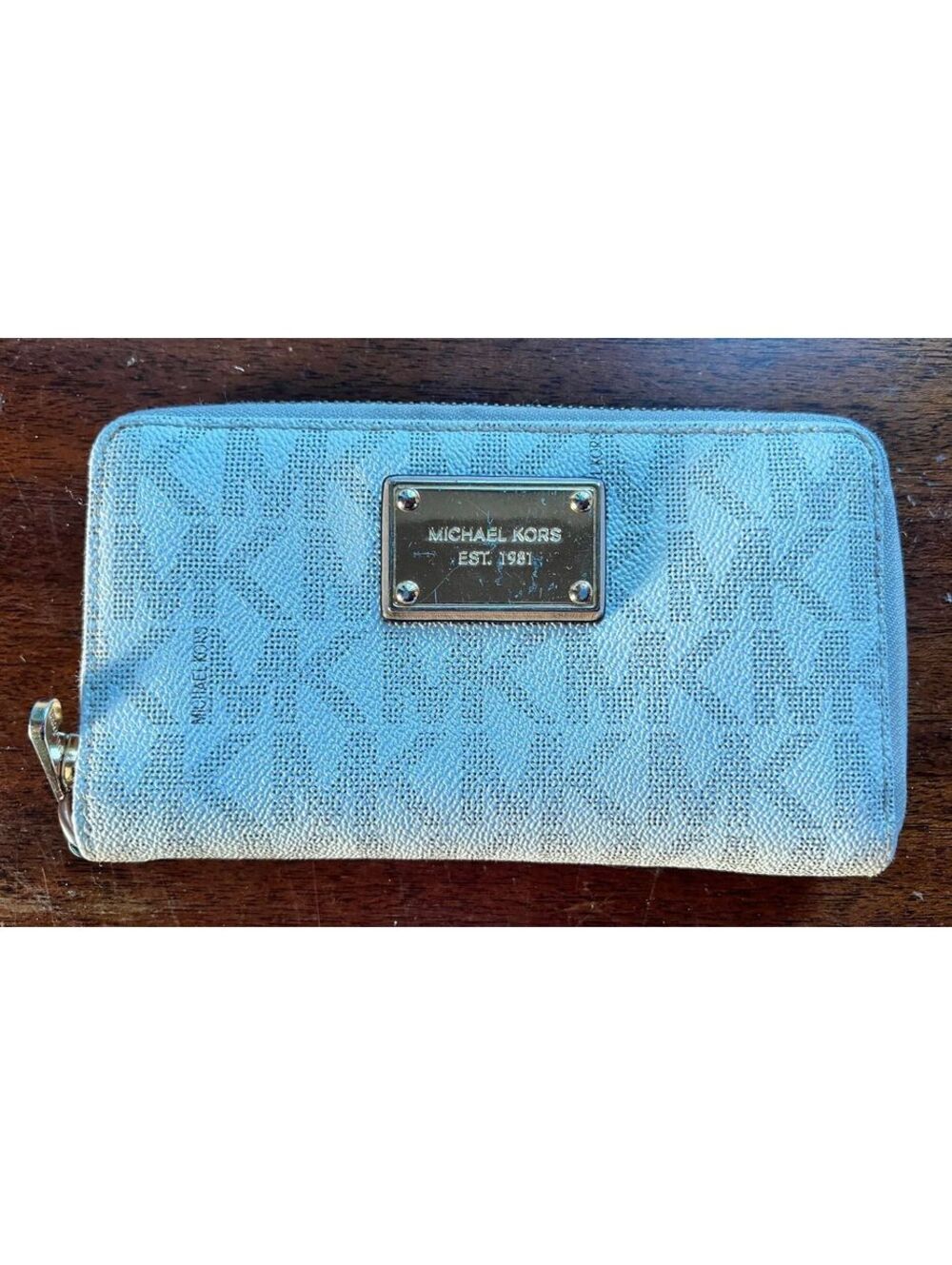 Michael Kors Beige Signature Logo Zip-Around Wallet with Gold Hardware